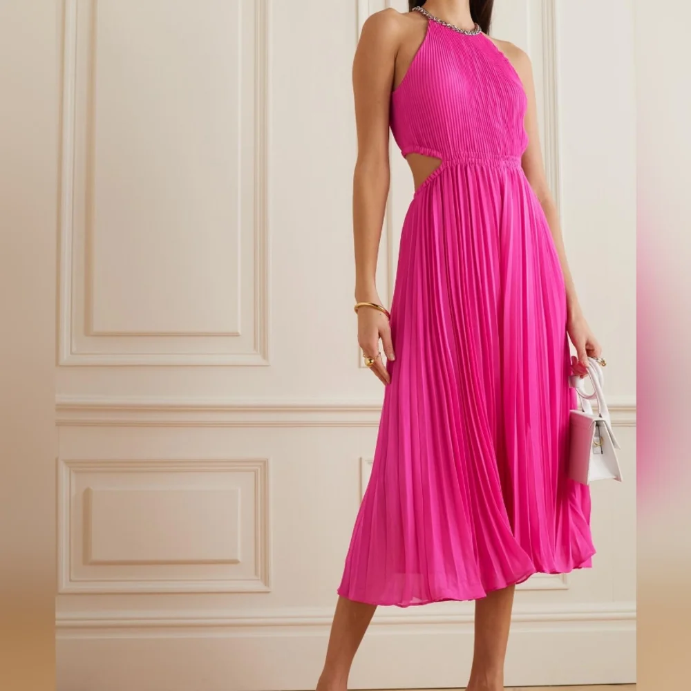 Michael Kors Halter Neck Pleated Cut-out Midi Dress cerise/pink Sz M BNWT